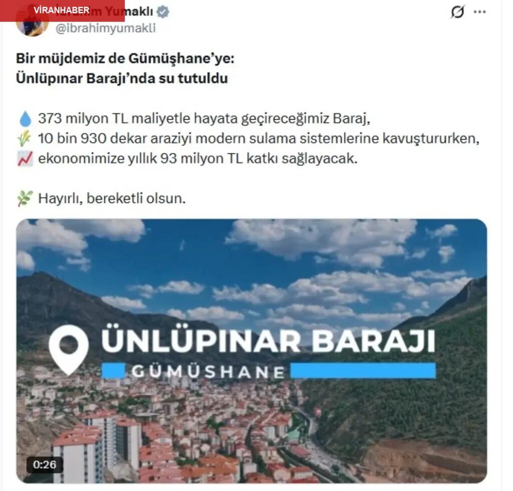 Bakan Yumaklı: Ünlüpınar Barajı ve Yelpınar Göleti’nde su tutulmaya başlandı